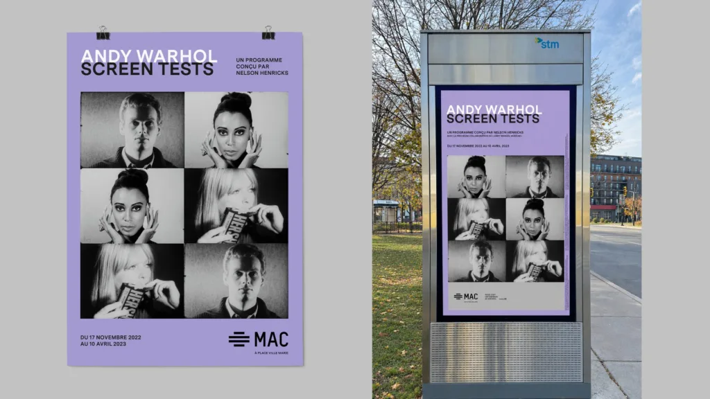 Affiche Screen Tests et sa version en abribus, en violet