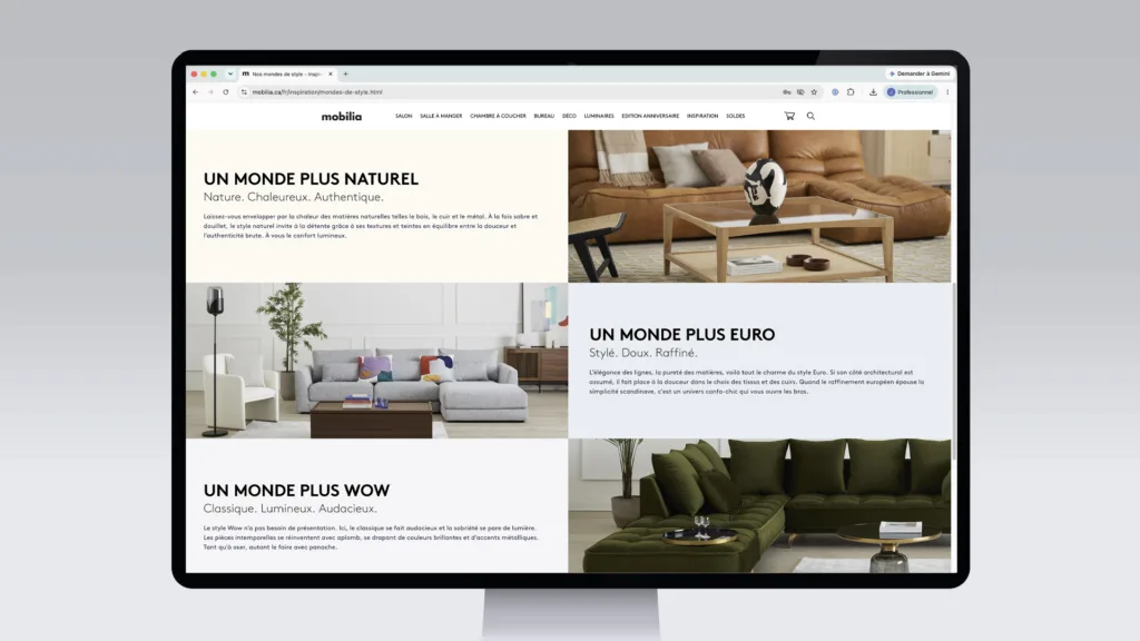 Site web Mobilia présentant les quatre univers de style