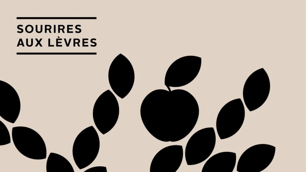 Motif de pommes et de feuilles noires avec la signature « Sourires aux lèvres »