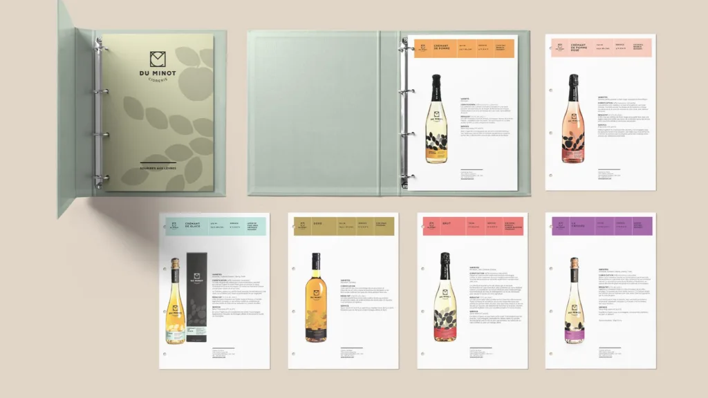 Fiches produits et chemise de présentation aux couleurs des cidres