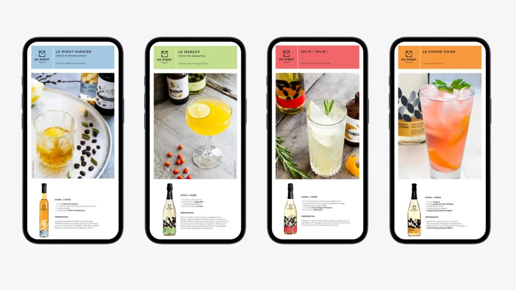 Quatre écrans de téléphone montrant des recettes de cocktails au cidre