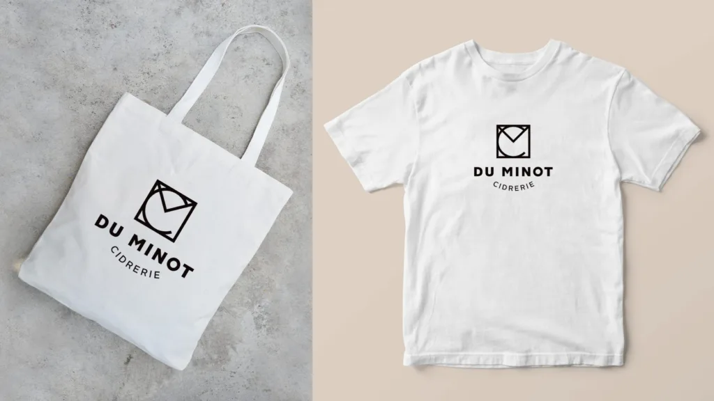 Sac fourre-tout et t-shirt blancs au logo de la Cidrerie du Minot