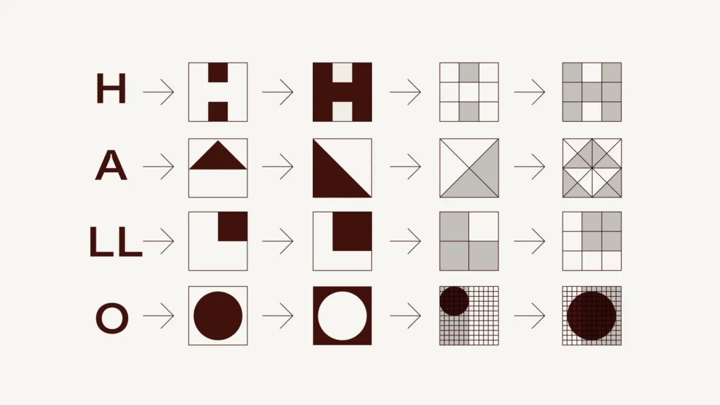 Lettres H, A, LL et O transformées en formes graphiques