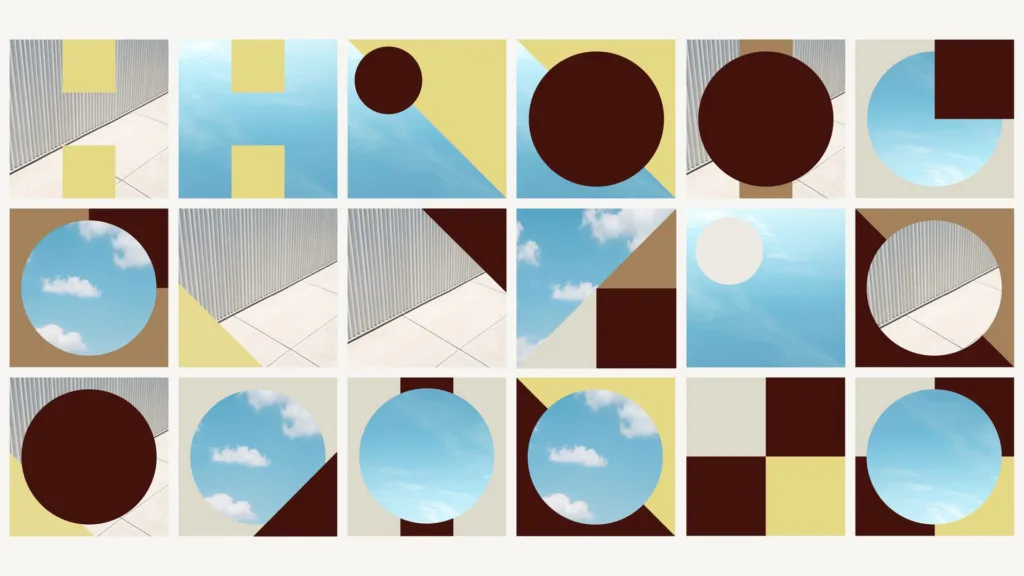Motif de formes géométriques Hallō avec cercles bordeaux et ciel bleu