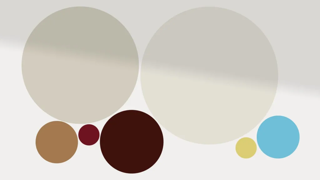 Palette de couleurs Hallō en cercles : sable, bordeaux, bleu et jaune