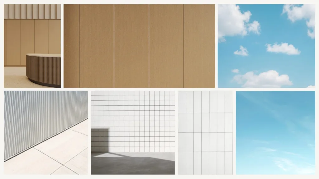 Planche d'ambiance : bois, carrelage blanc et ciel
