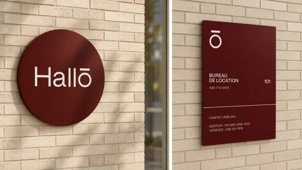 Enseigne ronde Hallō et plaque du bureau de location