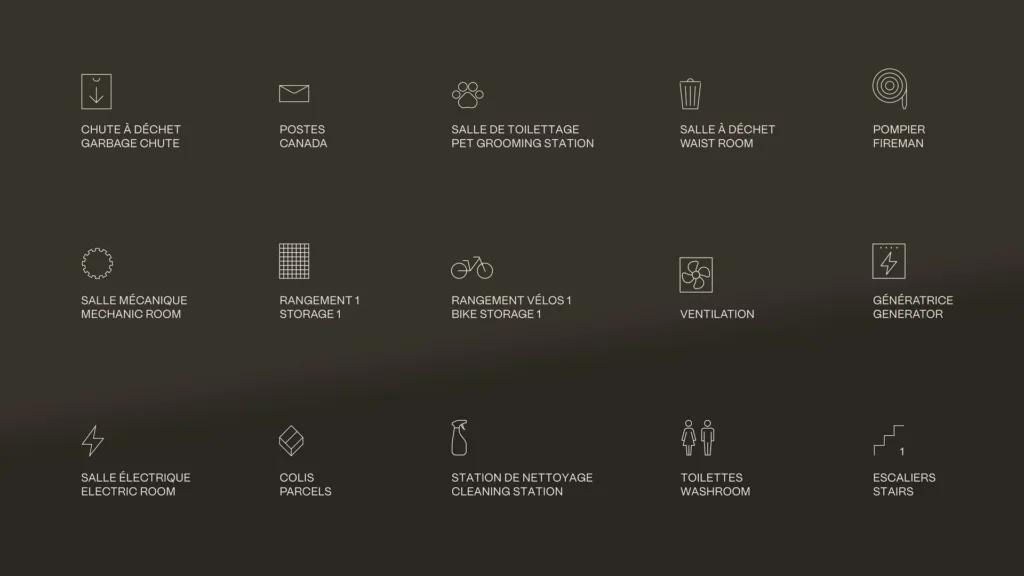 Pictogrammes des services de l'immeuble sur fond sombre
