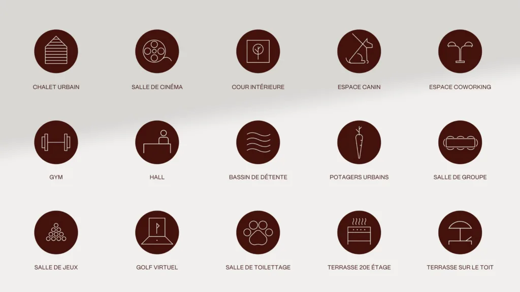 Pictogrammes ronds bordeaux des espaces communs