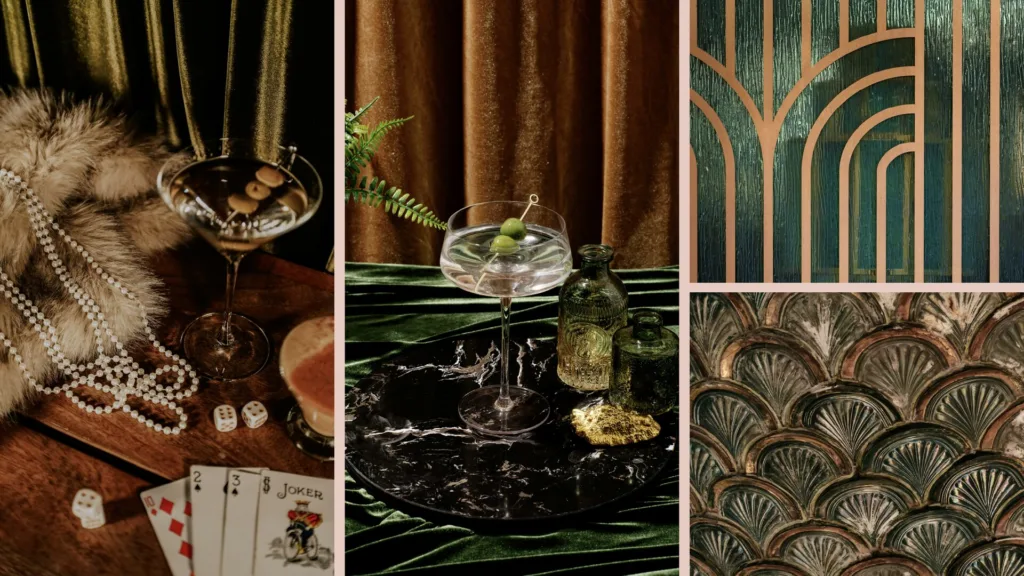 Ambiance Art déco : cartes, cocktail, plumes et motifs dorés sur vert