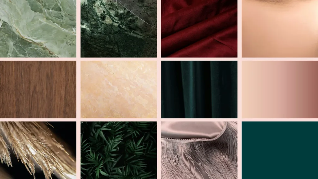Planche de matériaux : marbre vert, bois, velours bordeaux et rose