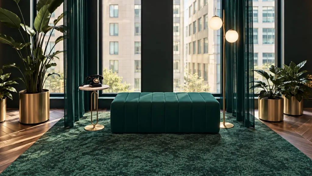 Salon aux tons verts avec banquette de velours et plantes