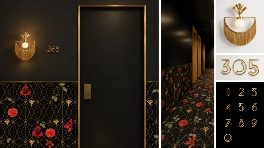 Couloir des chambres : porte noire, moquette fleurie et numéros dorés
