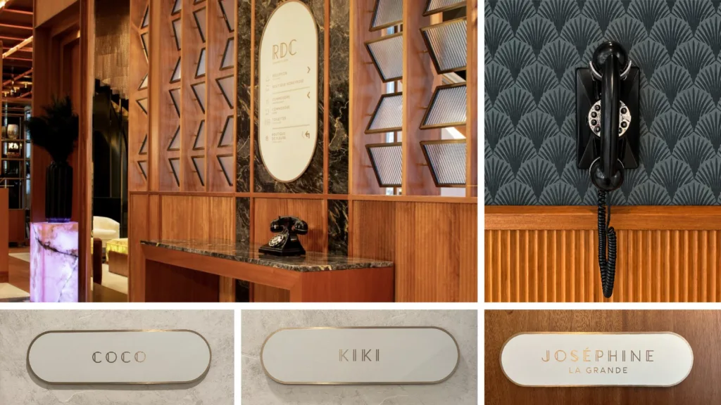 Plaques signalétiques et éléments décoratifs de l'hôtel
