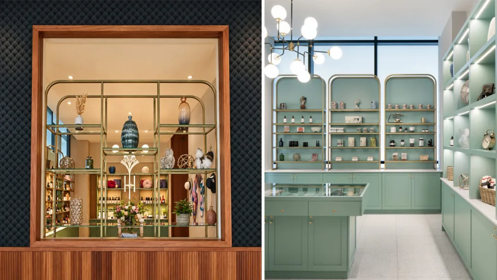 Vitrine et boutique de l'hôtel aux étagères vert pâle