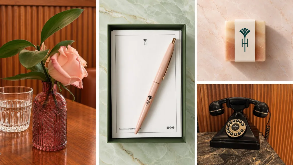 Objets de chambre : rose dans un vase, carnet, savon et téléphone ancien