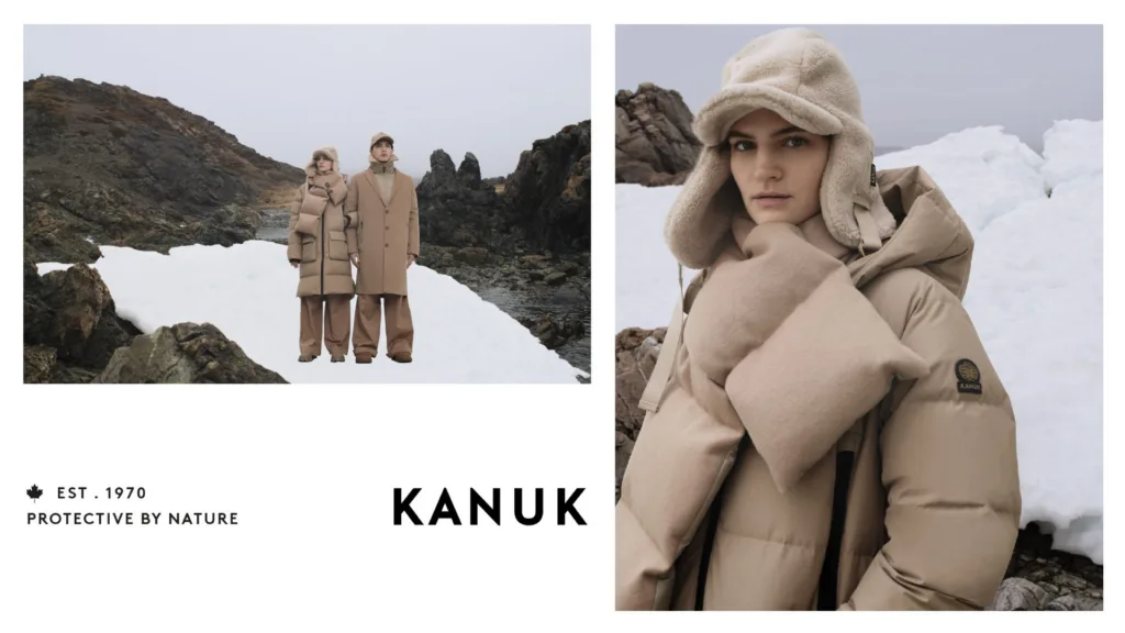 Publicité KANUK : manteaux d'hiver beiges dans un paysage enneigé