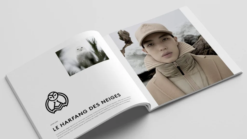Brochure ouverte sur le harfang des neiges, avec photos de mannequins