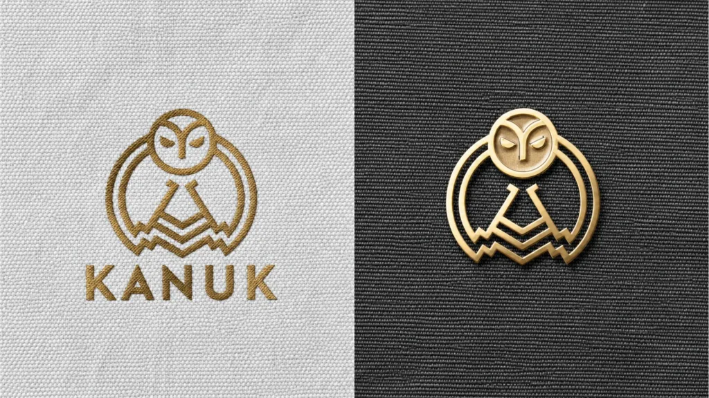 Harfang et logo KANUK dorés, sur fond clair et sur fond noir