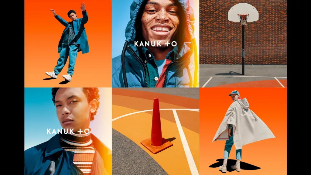 Campagne KANUK + O : mannequins sur fond orange et terrain de basketball