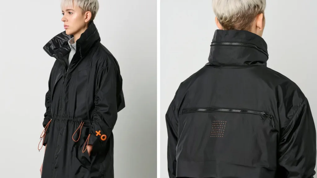 Manteau noir KANUK + O, vu de face et de dos