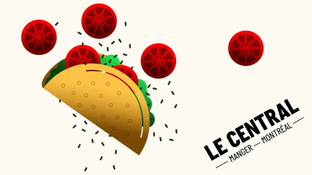 Taco illustré entouré de tomates, avec le logo de Le Central