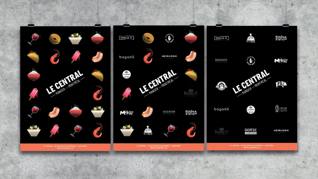 Trois affiches noires présentant les illustrations et les restaurants de Le Central