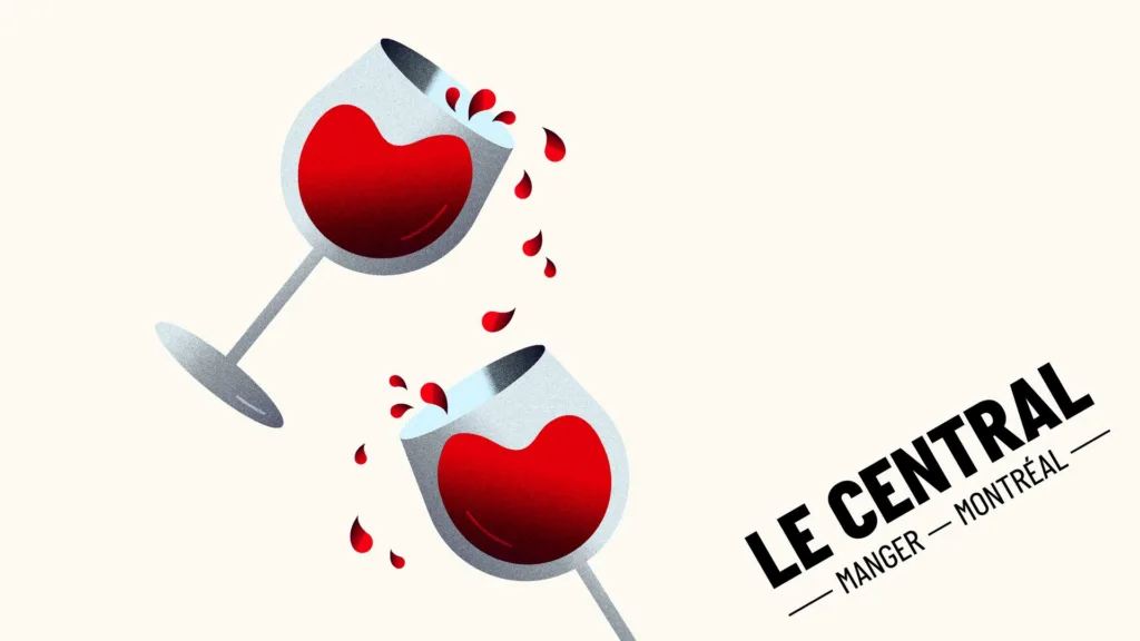 Deux verres de vin rouge qui trinquent, illustrés, avec le logo de Le Central