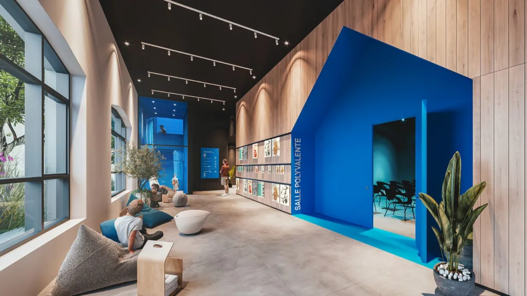 Hall d'une Maison de la culture avec mur de bois et volume bleu
