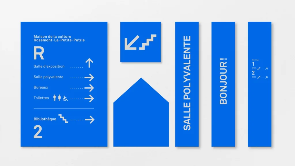 Famille de panneaux de signalétique bleus : directions, étages, salle polyvalente