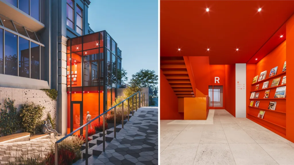 Façade vitrée et intérieur orange d'une Maison de la culture