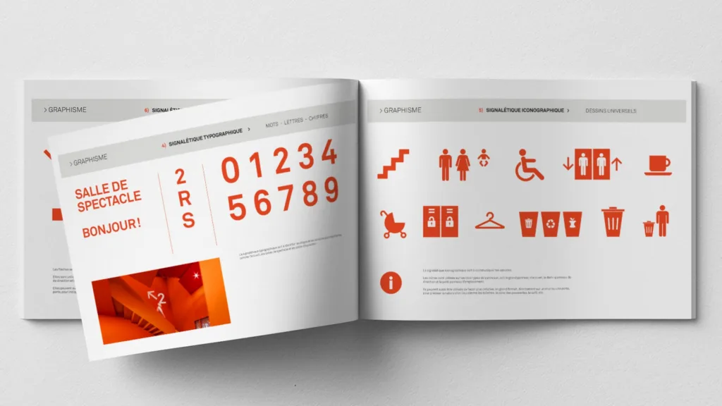 Guide de signalétique ouvert : chiffres, pictogrammes et couleurs orange