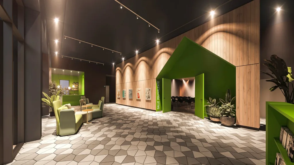 Hall d'une Maison de la culture avec volume vert en forme de maison