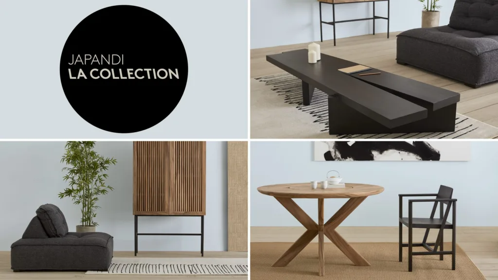 Planche de la collection Japandi : mobilier bas en bois et noir
