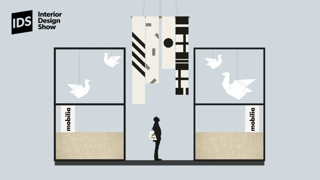 Plan du kiosque Mobilia pour l'Interior Design Show, avec oiseaux et motifs suspendus