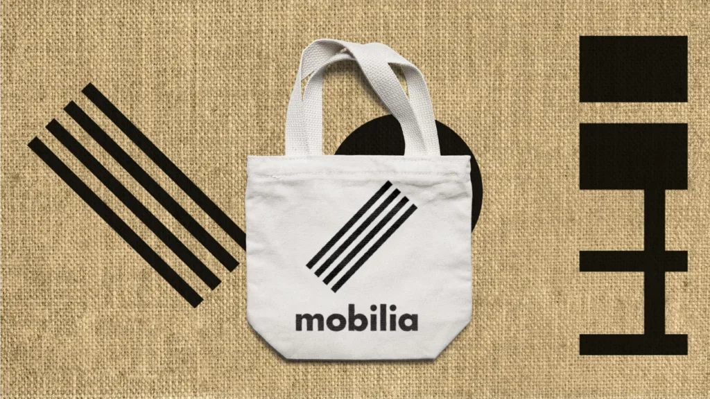 Sac fourre-tout Mobilia au motif de lignes noires, sur fond de jute