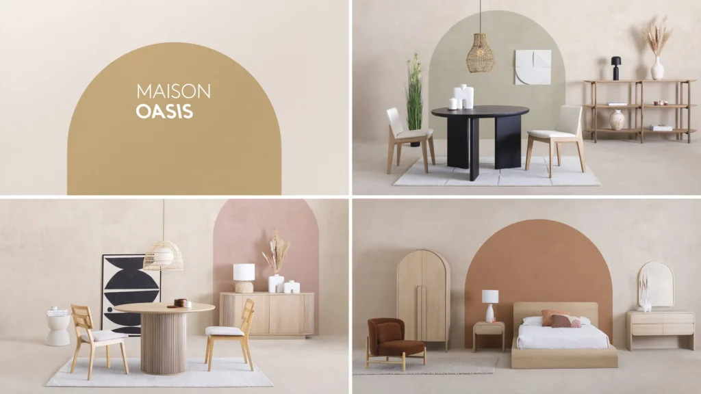 Planche Maison Oasis : mobilier aux tons sable et formes arrondies