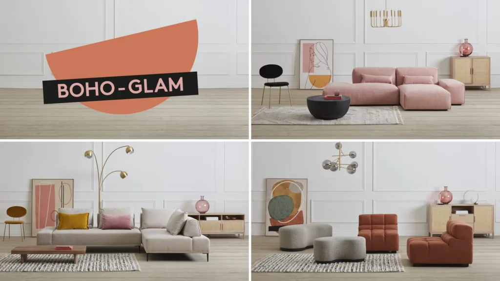 Planche Boho-Glam : canapés roses et rouille, objets décoratifs