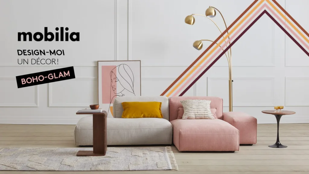 Affiche Mobilia « Design-moi un décor » Boho-Glam, avec canapé rose