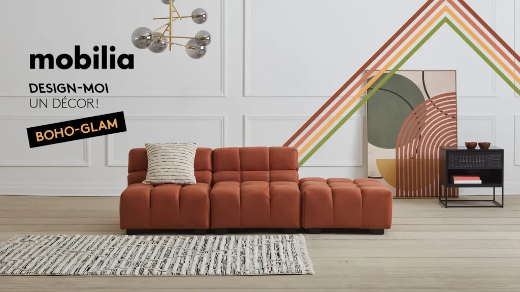 Affiche Mobilia Boho-Glam avec canapé orange capitonné et rayures