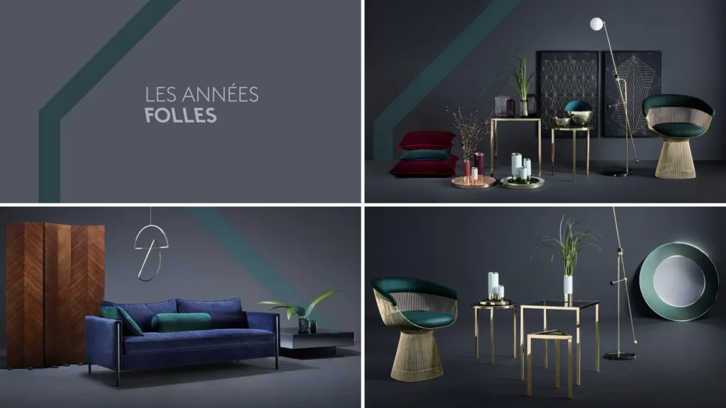 Planche Les Années folles : velours sombres, laiton et vert