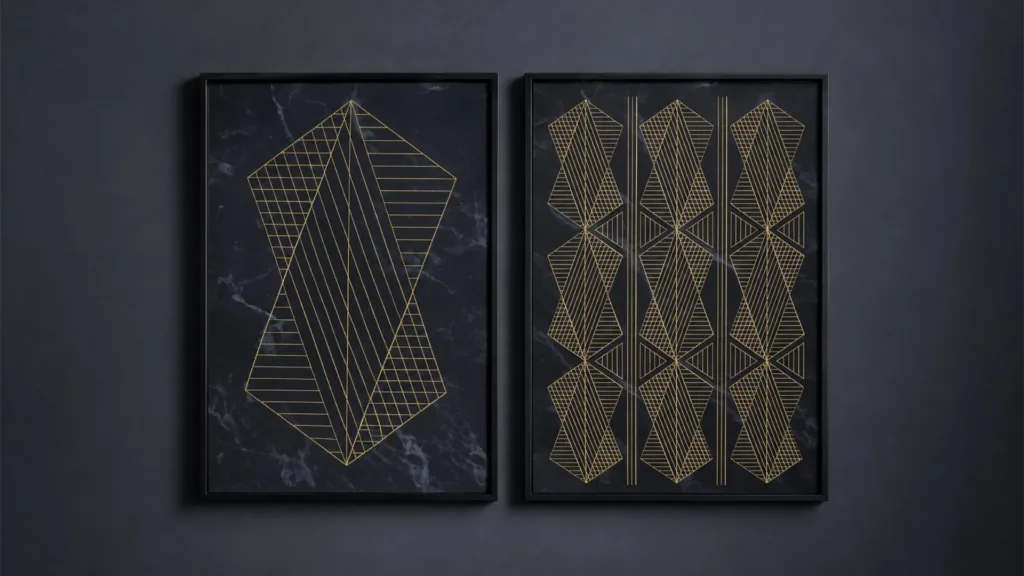 Deux tableaux aux motifs Art déco dorés sur un mur bleu nuit