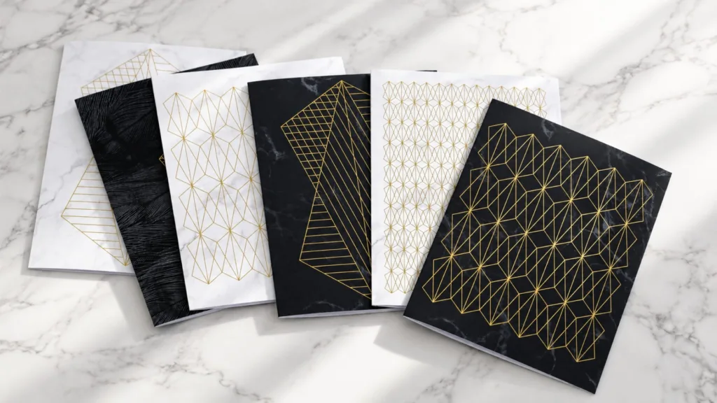 Papeterie aux motifs Art déco dorés sur fond noir et blanc