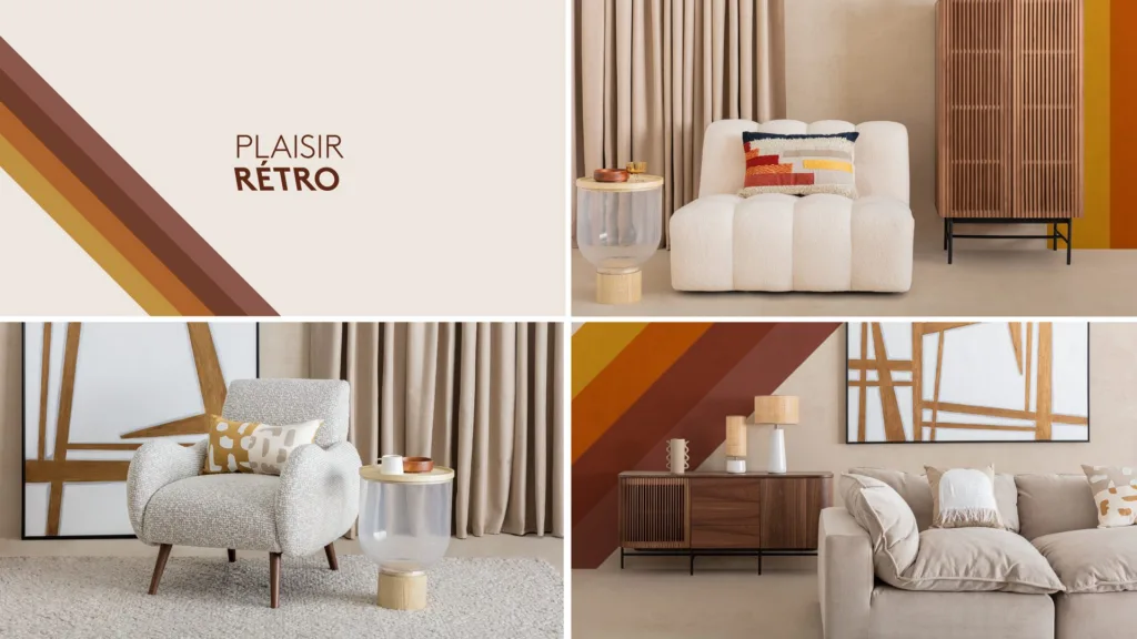 Planche Plaisir rétro : fauteuils crème et bandes orange et brunes
