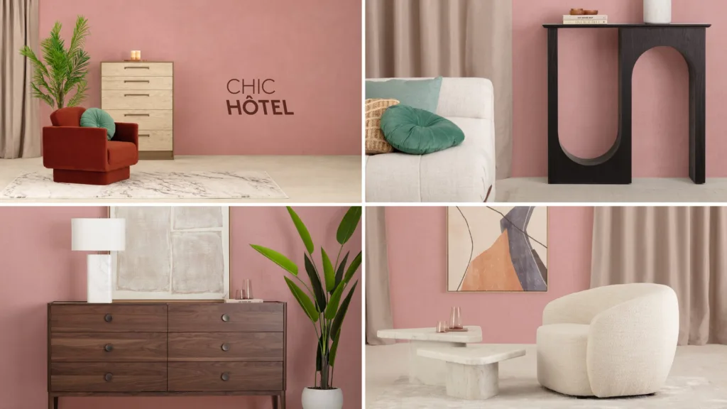 Planche Chic Hôtel : murs roses, velours et bois foncé