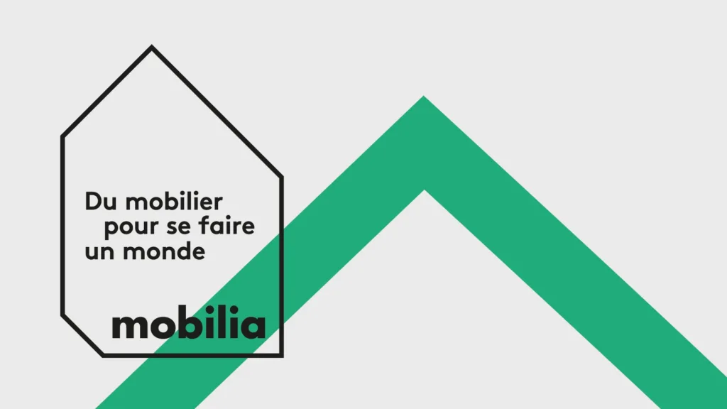 Maison stylisée et signature « Du mobilier pour se faire un monde » de Mobilia