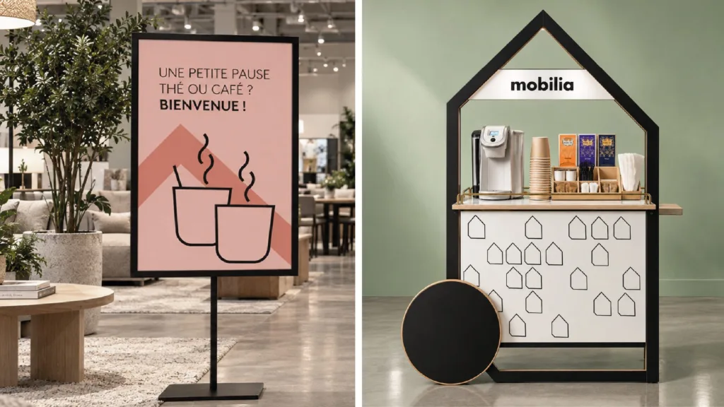Affiche d'accueil et présentoir en forme de maison dans un magasin Mobilia