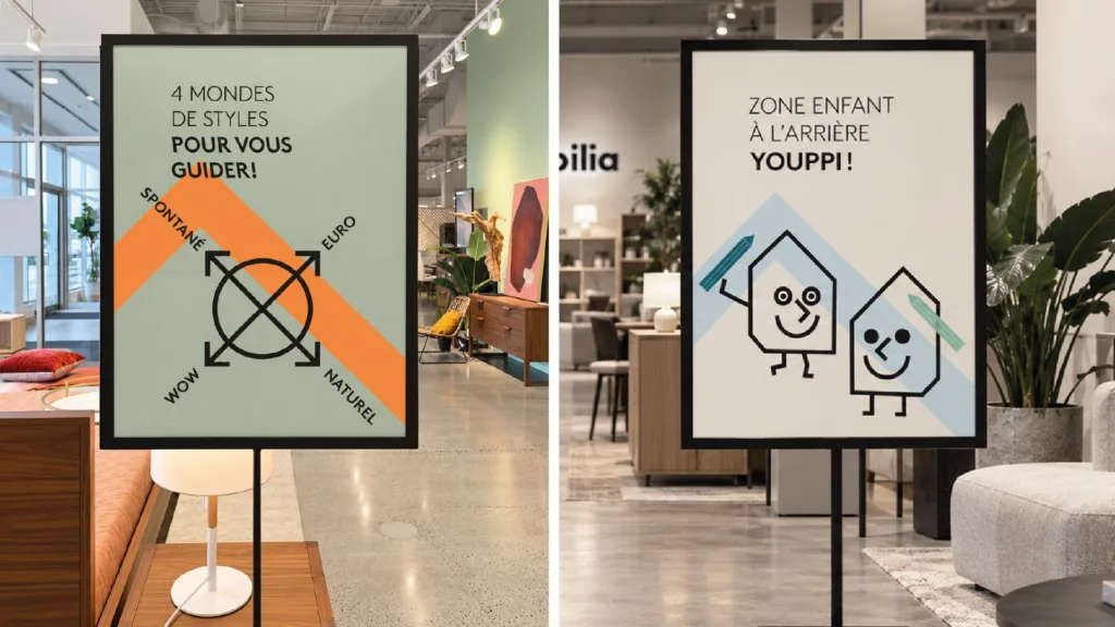 Affiches de magasin « 4 mondes de styles » et « Zone enfant »