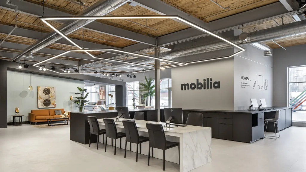 Comptoir de service et grand logo Mobilia dans le magasin