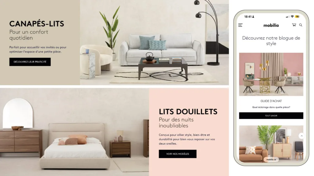 Pages web et écran mobile de Mobilia : canapés-lits et lits